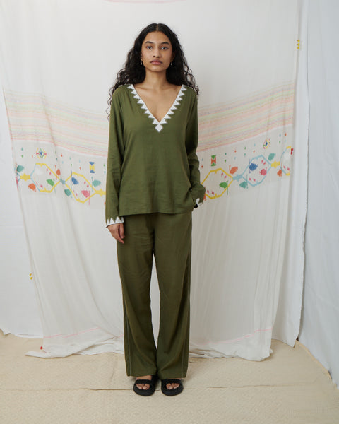 MARATA BLOUSE, OLIVE COTTON LINEN