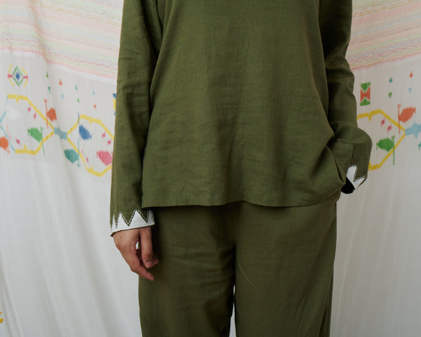 MARATA BLOUSE, OLIVE COTTON LINEN