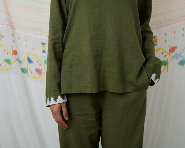 MARATA BLOUSE, OLIVE COTTON LINEN