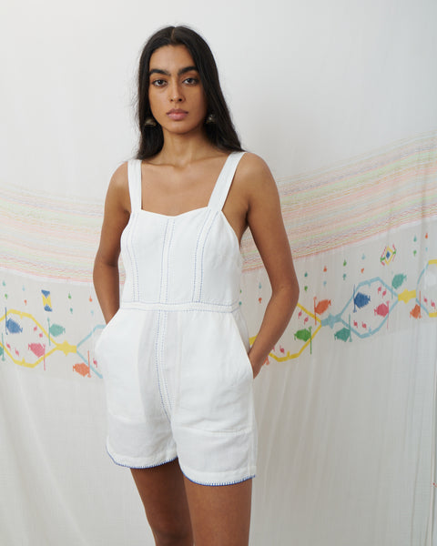 MENAKA PLAYSUIT, WHITE COTTON LINEN