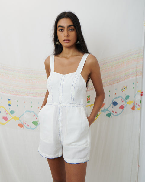 MENAKA PLAYSUIT, WHITE COTTON LINEN