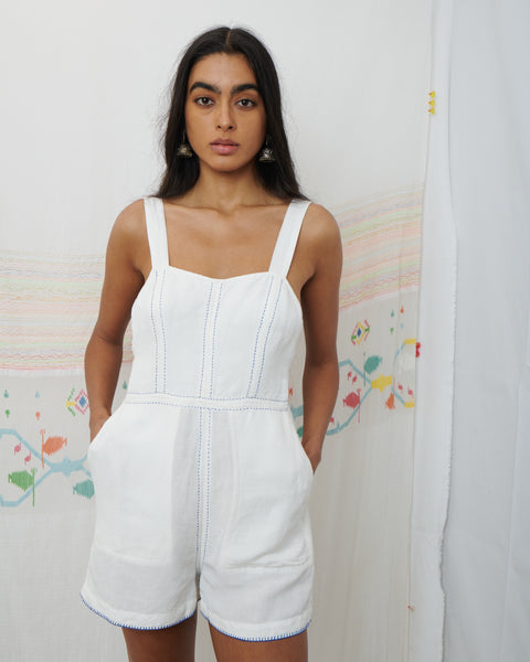 MENAKA PLAYSUIT, WHITE COTTON LINEN