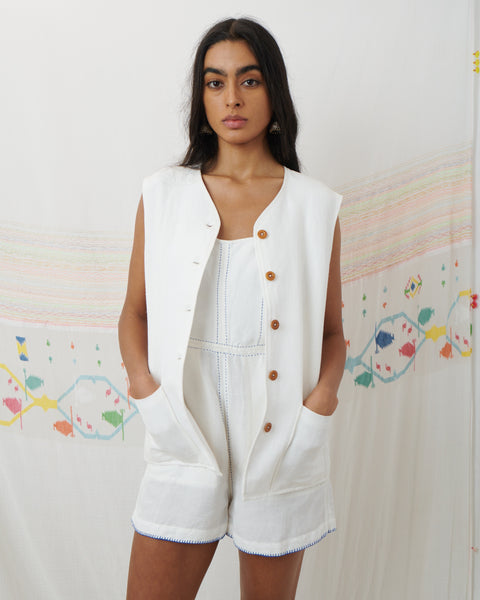 MENAKA PLAYSUIT, WHITE COTTON LINEN