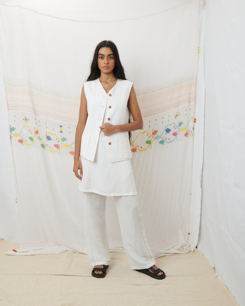 JODHPUR VEST, WHITE COTTON LINEN