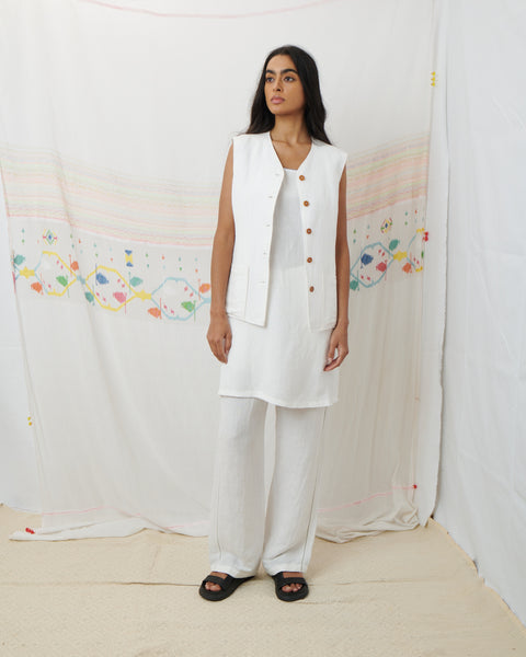JODHPUR VEST, WHITE COTTON LINEN
