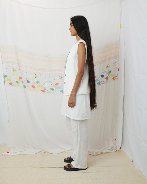 JODHPUR VEST, WHITE COTTON LINEN