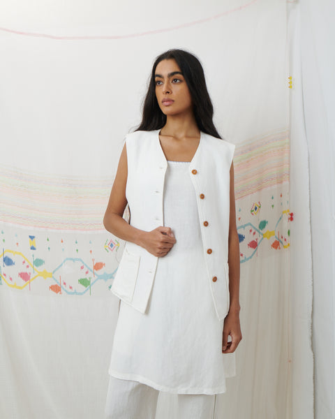 JODHPUR VEST, WHITE COTTON LINEN