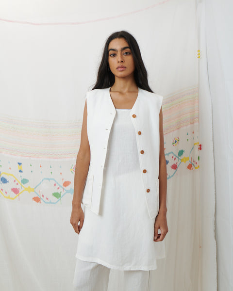 JODHPUR VEST, WHITE COTTON LINEN