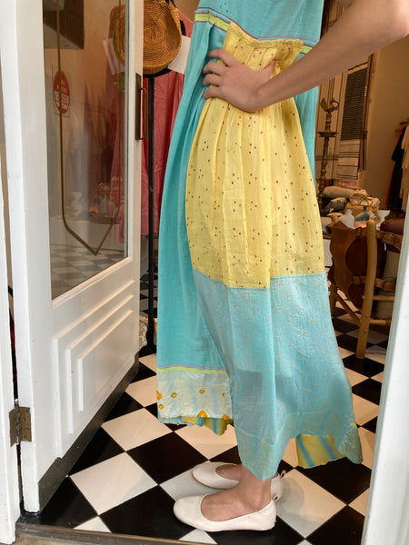 SLEEVELESS MAXI DRESS, BLUE / YELLOW COTTON SILK