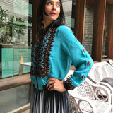 VINTAGE EMBROIDERY BOMBER, AQUA BLUE SILK - SAAKI