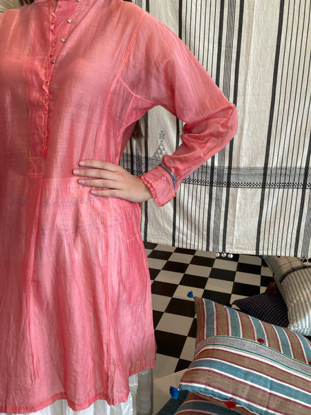 RUFFLE TUNIC , PINK COTTON SILK