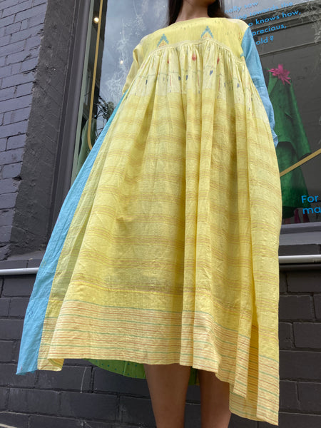 MUSLIN DRESS, BLUE / YELLOW COTTON SILK