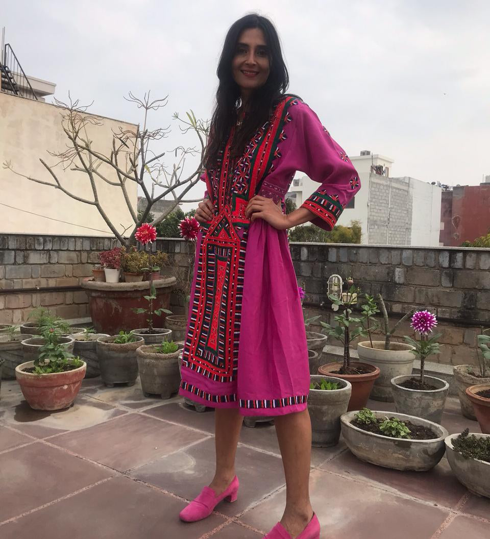 VINTAGE EMBROIDERY CAFTAN-DRESS LONG, FUCHSIA/RED SILK - SAAKI