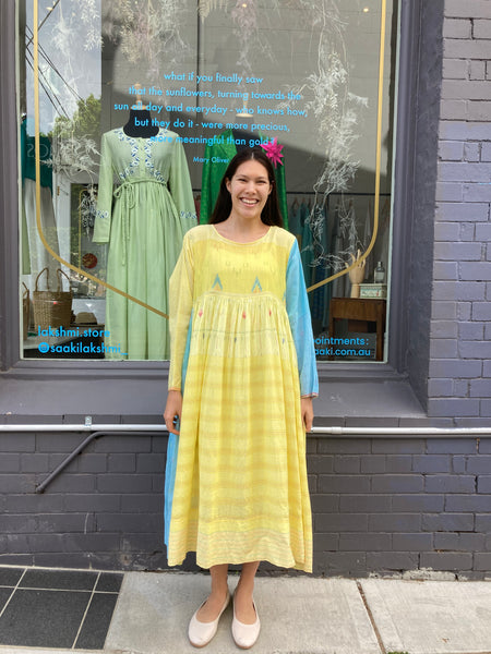 MUSLIN DRESS, BLUE / YELLOW COTTON SILK