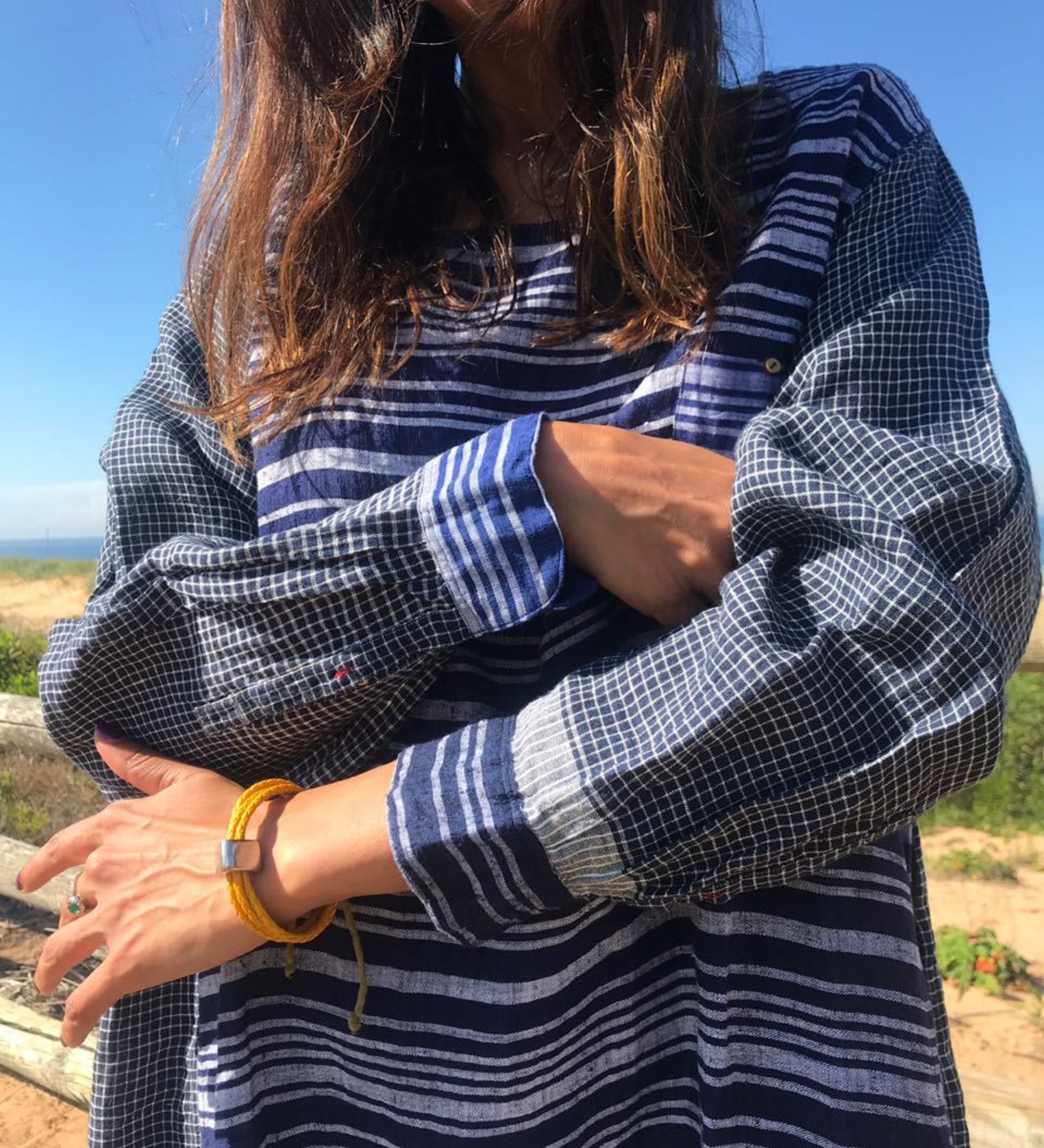 STRIPED LINEN SUMMER DRESS, BLUE - SAAKI