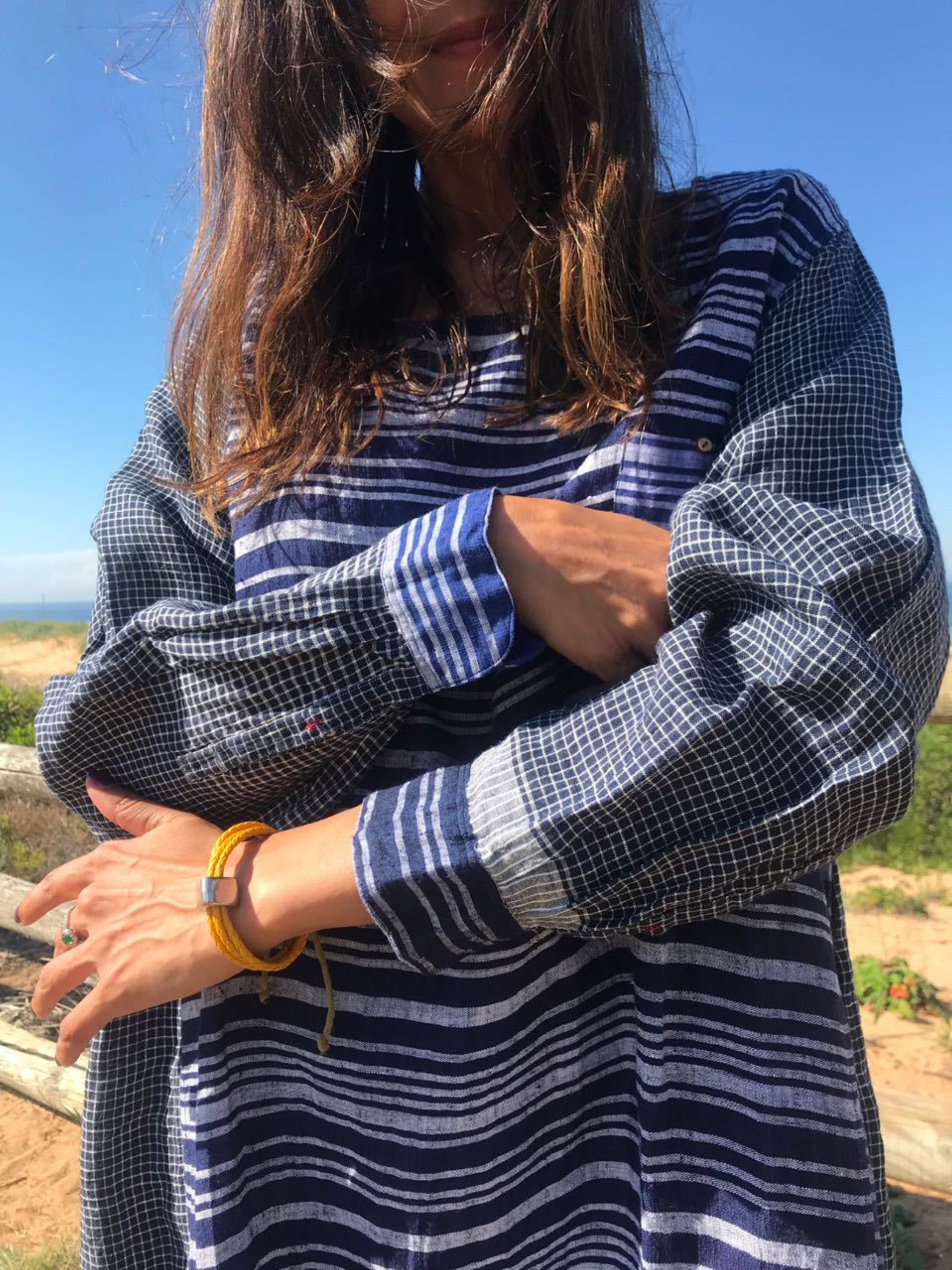 STRIPED LINEN SUMMER DRESS, BLUE - SAAKI