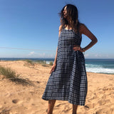 LONG CHECK SLIP DRESS, NAVY - SAAKI