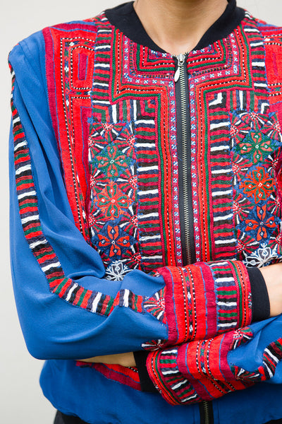 VINTAGE EMBROIDERY BOMBER JACKET, BLUE SILK - SAAKI