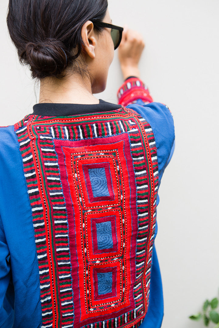 VINTAGE EMBROIDERY BOMBER JACKET, BLUE SILK - SAAKI
