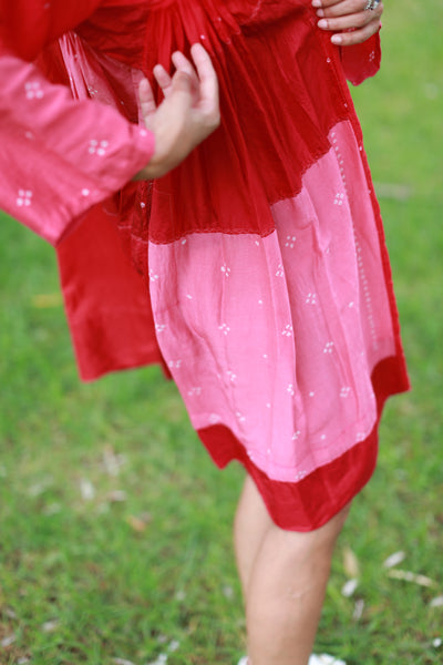 V-NECK BANDHINI KAFTAN DRESS, SHINY RED SILK - SAAKI