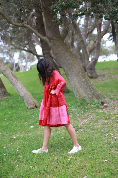 V-NECK BANDHINI KAFTAN DRESS, SHINY RED SILK - SAAKI