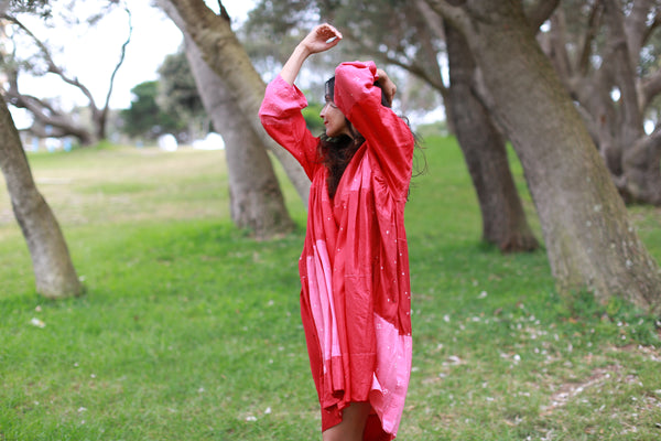 V-NECK BANDHINI KAFTAN DRESS, SHINY RED SILK - SAAKI