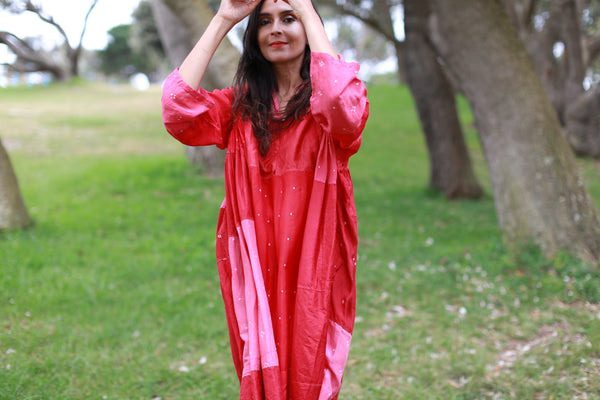 V-NECK BANDHINI KAFTAN DRESS, SHINY RED SILK - SAAKI