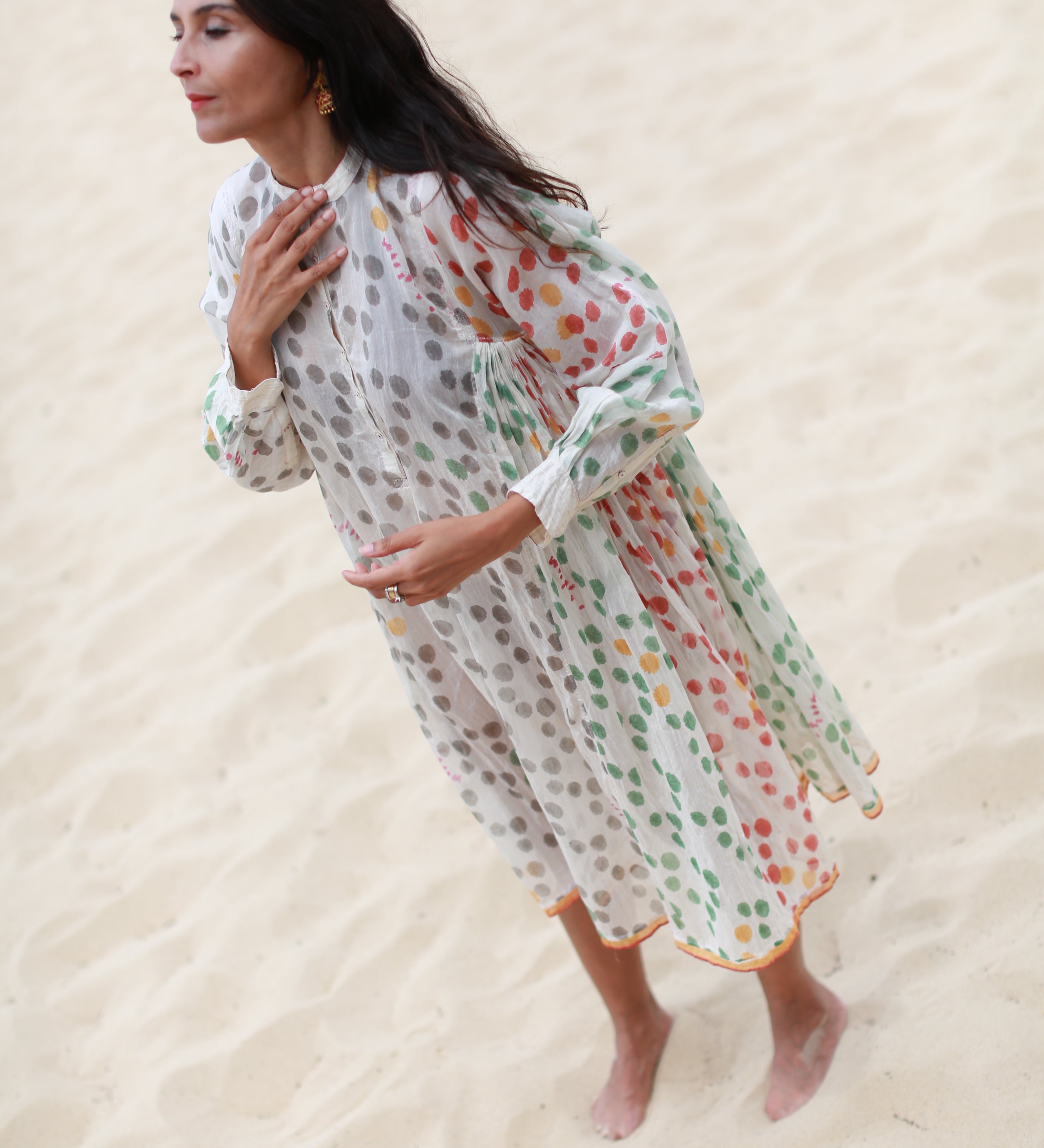 BLOCKPRINT POLKA-DOT DRESS, SHEER BEIGE - SAAKI