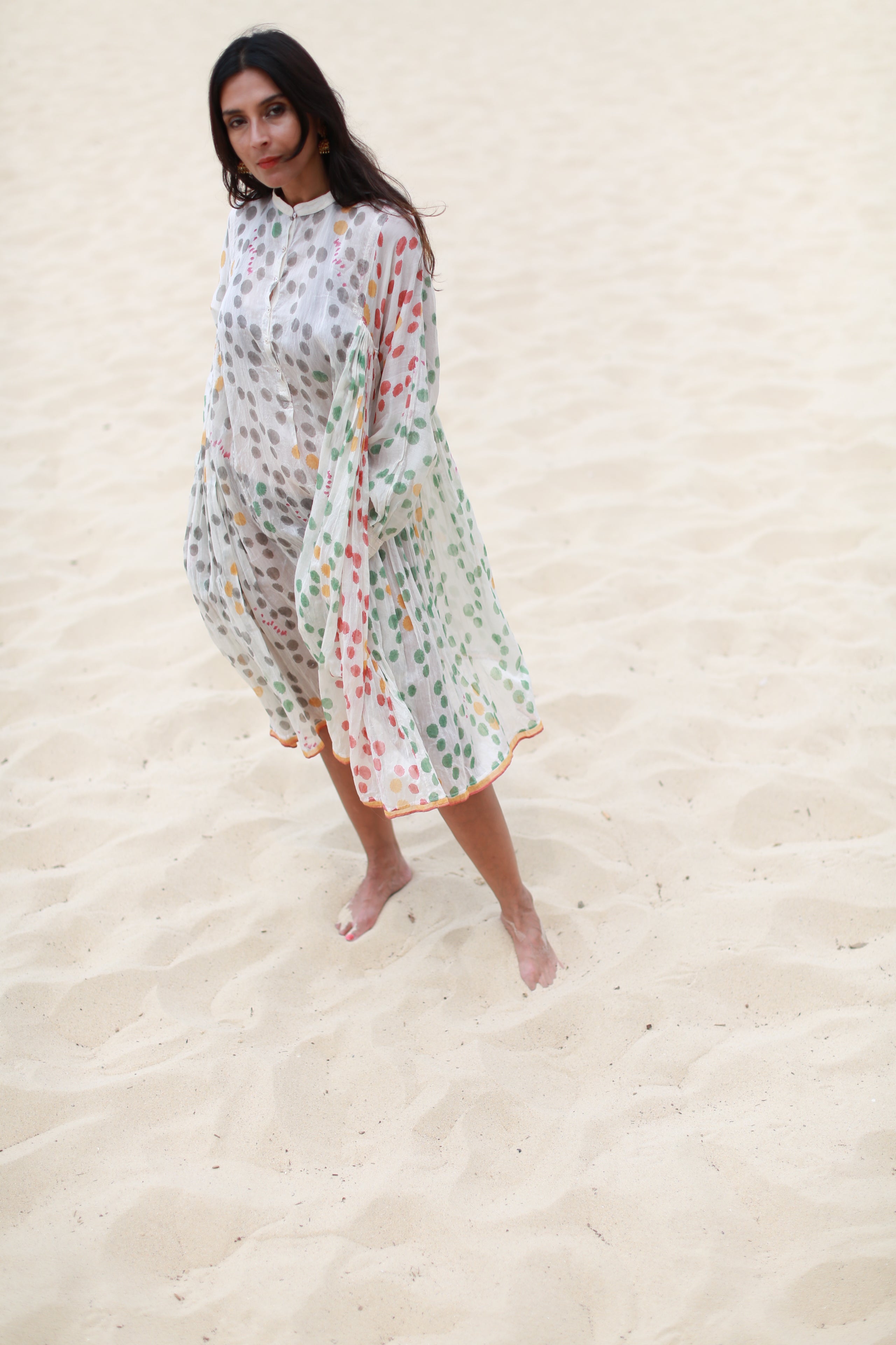 BLOCKPRINT POLKA-DOT DRESS, SHEER BEIGE - SAAKI