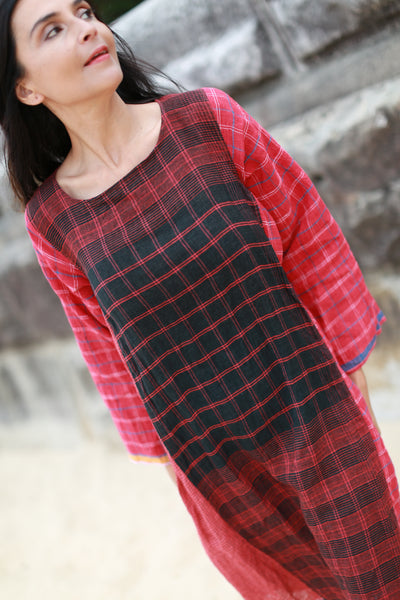 LONG SLEEVED DRESS, RED CHECK - SAAKI