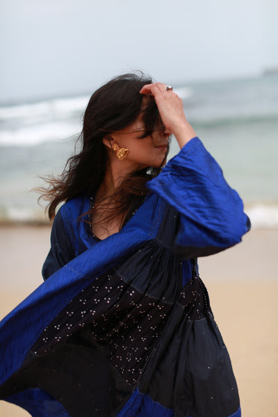 V-NECK BANDHINI KAFTAN DRESS, SHINY NAVY SILK - SAAKI