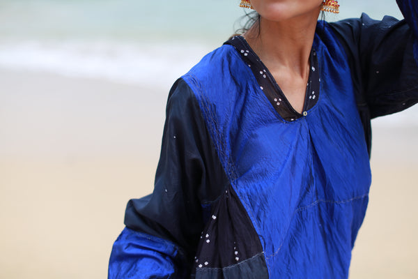 V-NECK BANDHINI KAFTAN DRESS, SHINY NAVY SILK - SAAKI