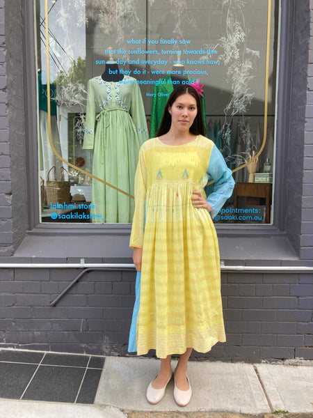 MUSLIN DRESS, BLUE / YELLOW COTTON SILK