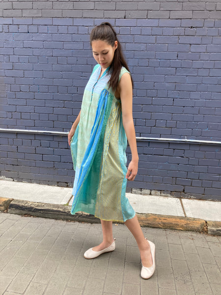 SLEEVELESS MIDI DRESS, BLUE / YELLOW COTTON SILK