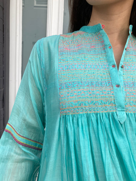 MAXI SHIRT DRESS, BLUE COTTON SILK