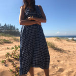 LONG CHECK SLIP DRESS, NAVY - SAAKI