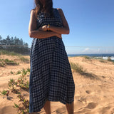 LONG CHECK SLIP DRESS, NAVY - SAAKI