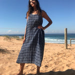 LONG CHECK SLIP DRESS, NAVY - SAAKI