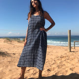 LONG CHECK SLIP DRESS, NAVY - SAAKI