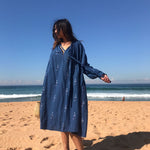 NECK TIE COTTON DRESS, BLUE - SAAKI
