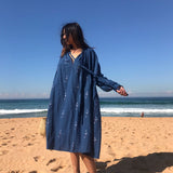 NECK TIE COTTON DRESS, BLUE - SAAKI