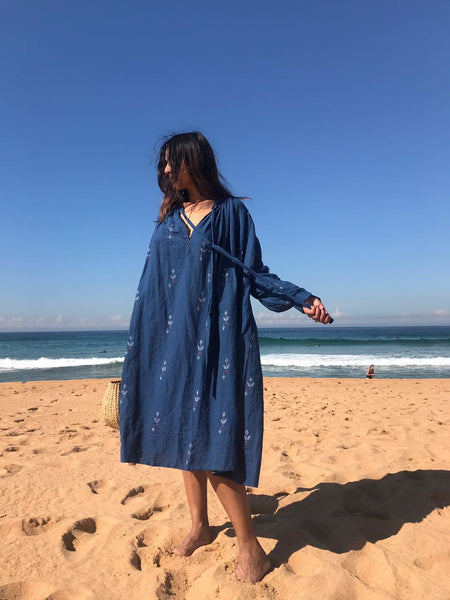 NECK TIE COTTON DRESS, BLUE - SAAKI