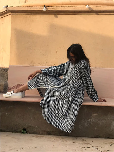 CHECK SHIRT DRESS, NAVY//IVORY - SAAKI