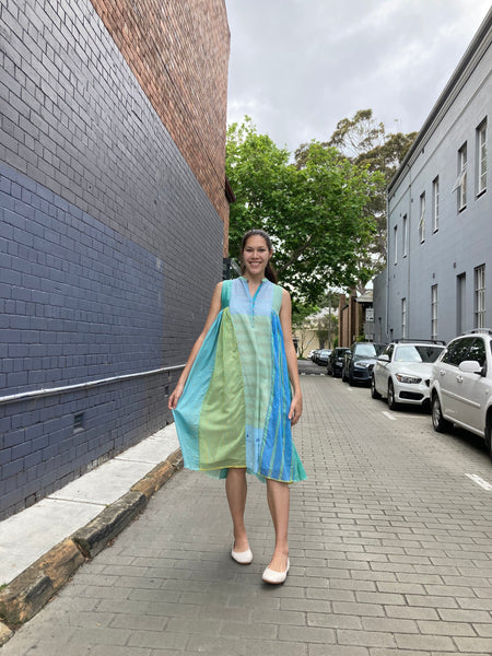 SLEEVELESS MIDI DRESS, BLUE / YELLOW COTTON SILK