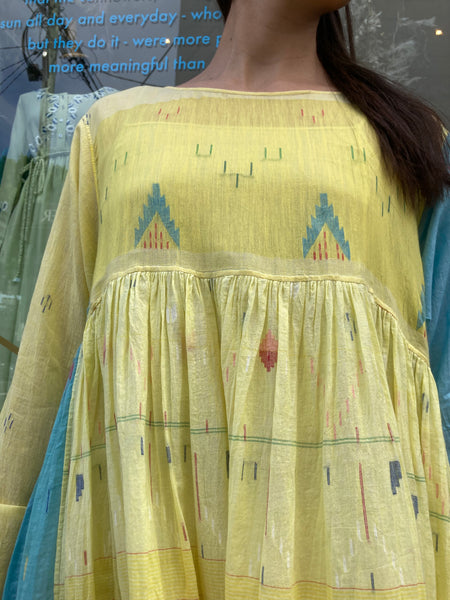 MUSLIN DRESS, BLUE / YELLOW COTTON SILK