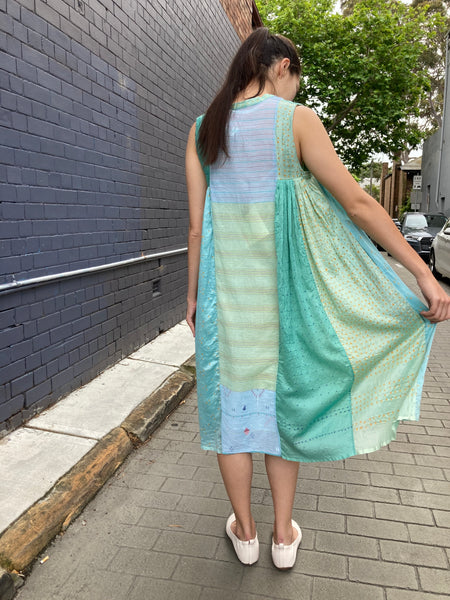 SLEEVELESS MIDI DRESS, BLUE / YELLOW COTTON SILK