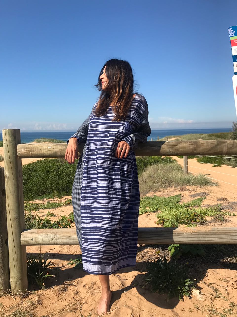 STRIPED LINEN SUMMER DRESS, BLUE - SAAKI