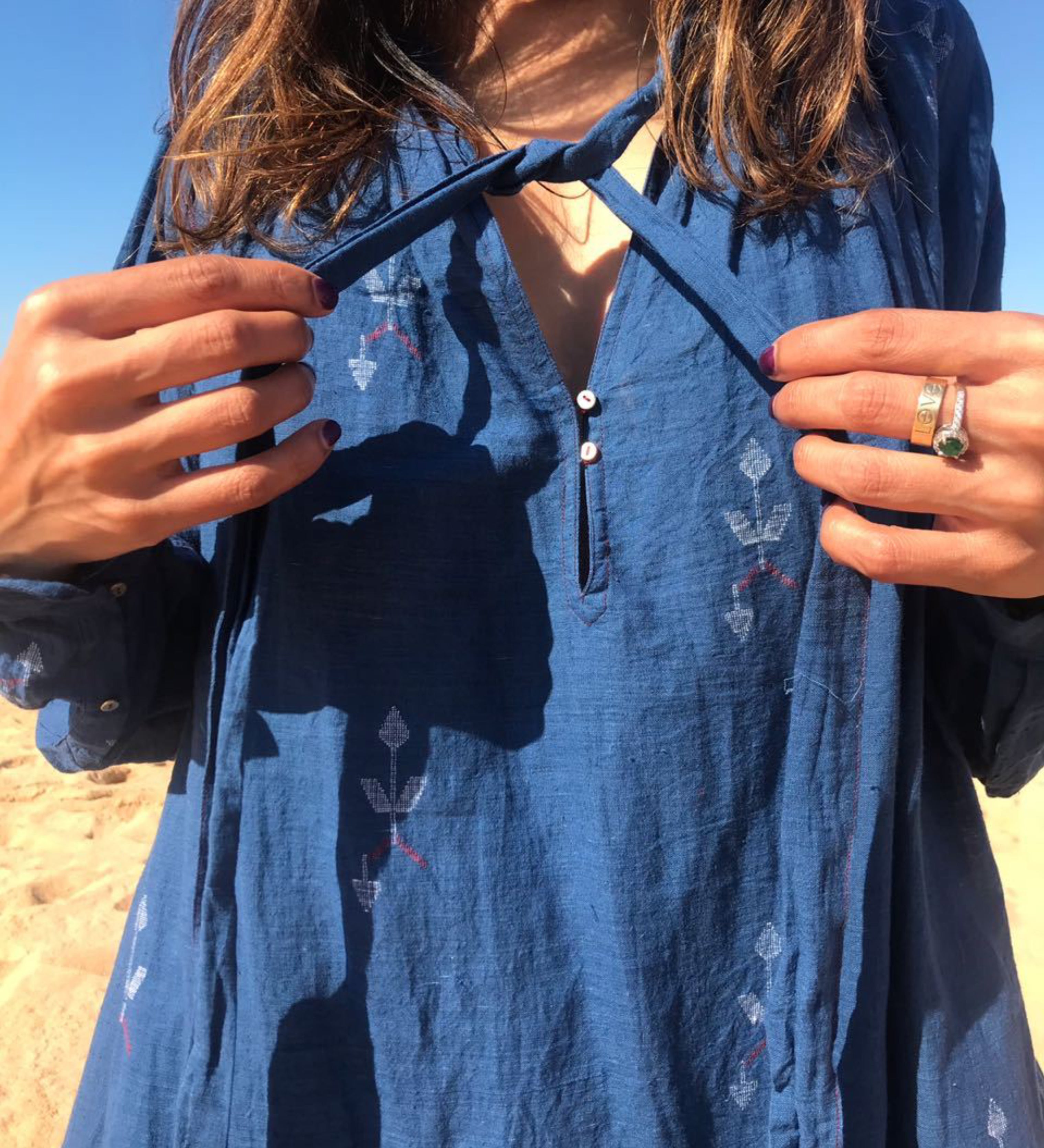 NECK TIE COTTON DRESS, BLUE - SAAKI