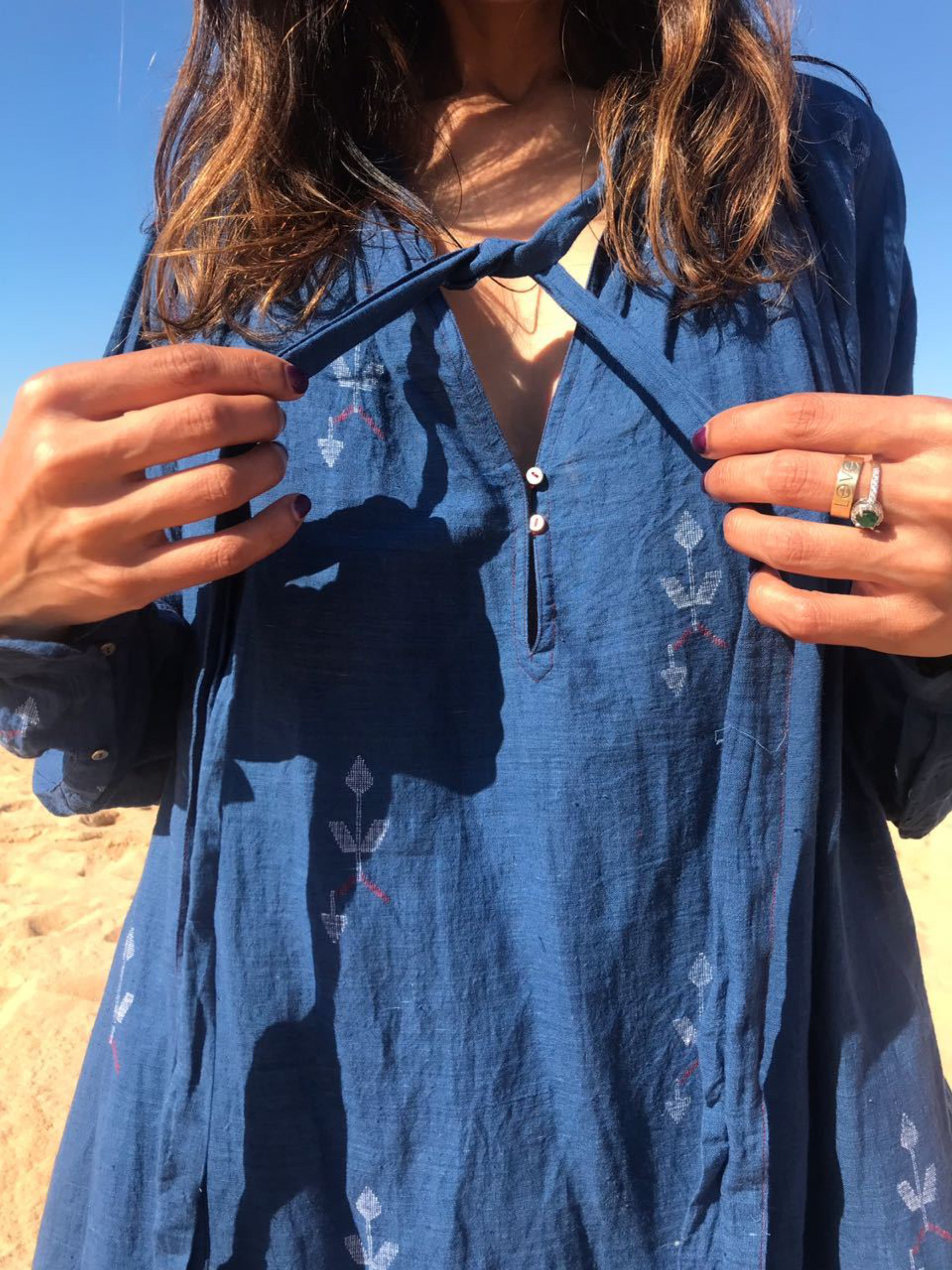 NECK TIE COTTON DRESS, BLUE - SAAKI