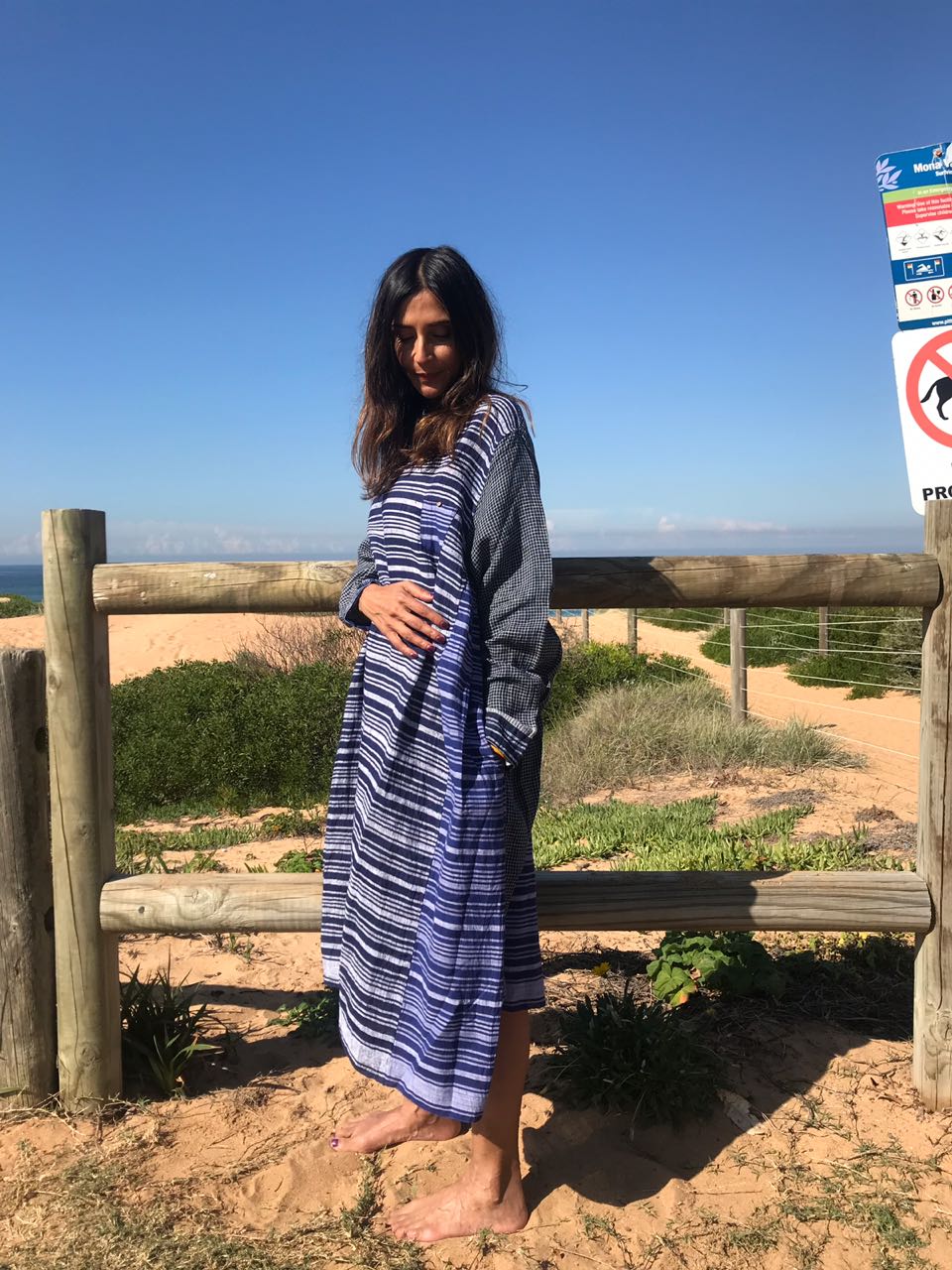 STRIPED LINEN SUMMER DRESS, BLUE - SAAKI